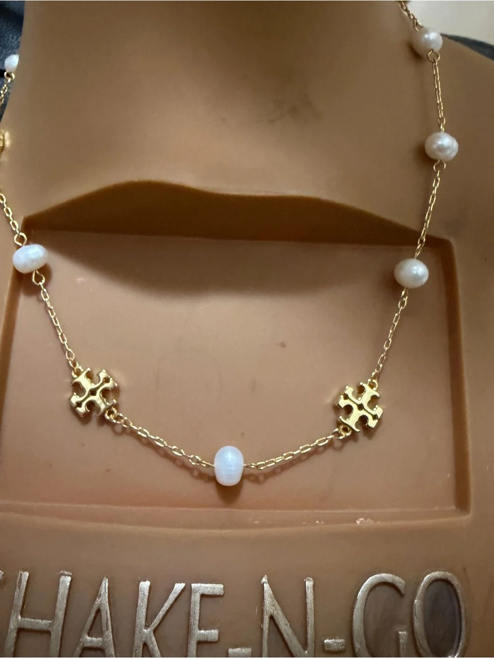 Tory Burch Gold Logo and White Pearl Station Necklace